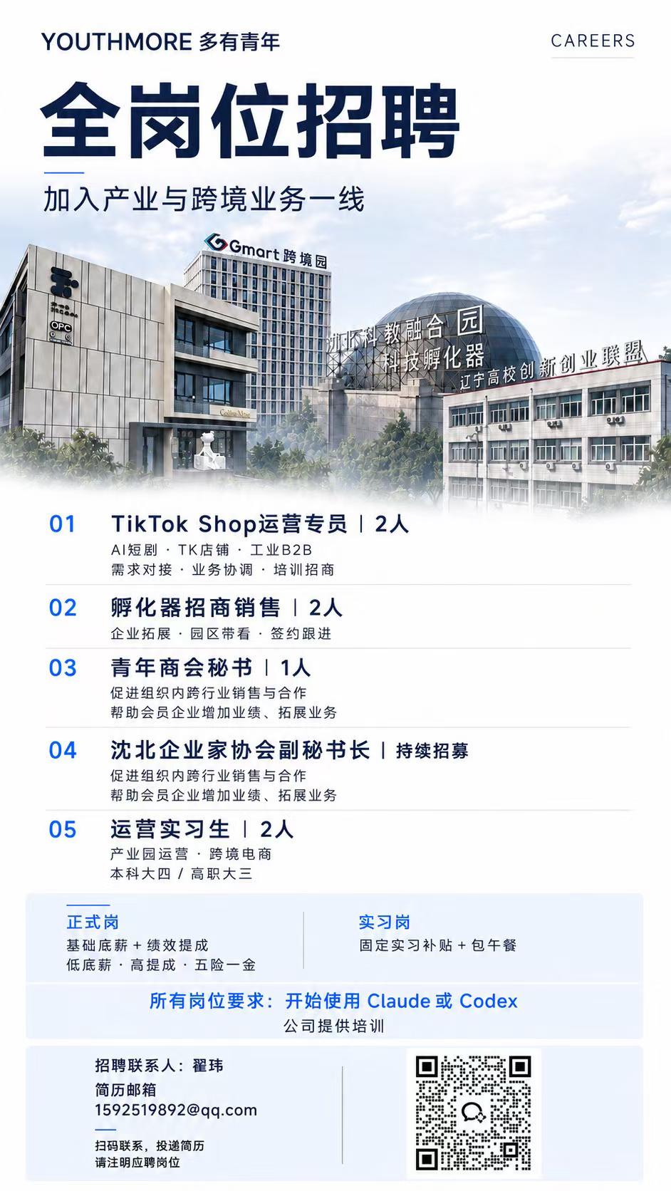 多有青年全岗位招聘海报,包含上述五类岗位、待遇、简历邮箱及真实联系二维码